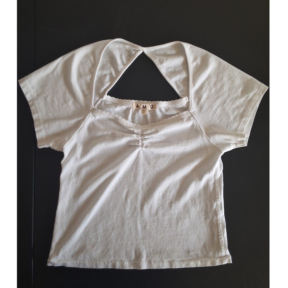 AMO Denim Women Small Short Sleeve Ruched Cutout Back Cotton Top Coquette‎ Boho